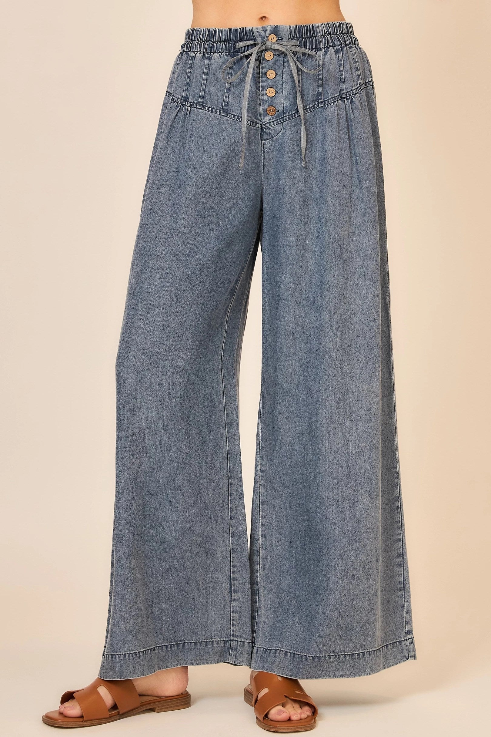 Corset Detail Waist Washed Denim Wide Leg Pants Dark Denim