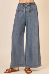 Corset Detail Waist Washed Denim Wide Leg Pants Dark Denim