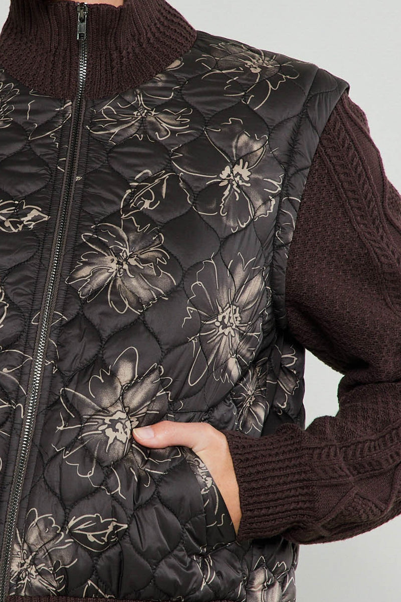 Quilted Floral Sweater Sleeve Jacket Black Floral