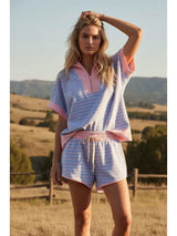 Jackelyn Half Zip Striped Shorts Set Blue + Pink