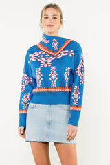 Bandana Collar Jacquard Sweater Blue
