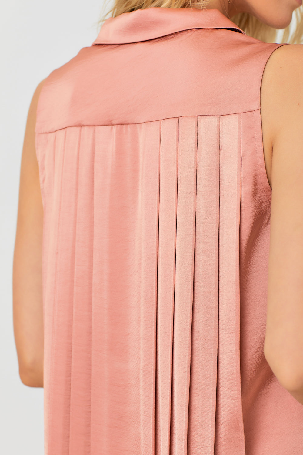 Collared Sleeveless Pleat Detail Blouse Berry