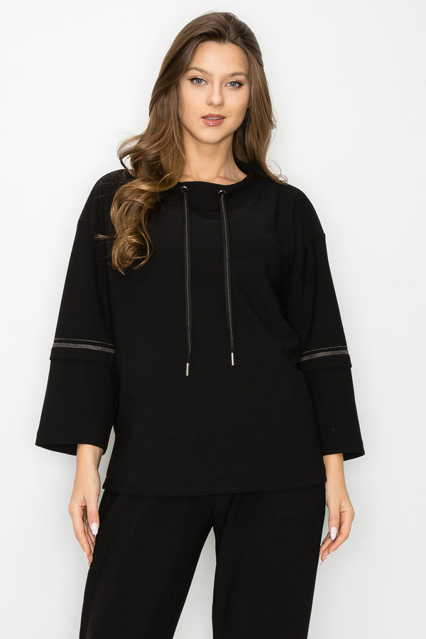 Kayla Beaded Trim Cowl Drawstring Top Black
