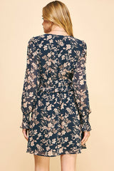 Ruffle Waist Long Sleeve Floral Mini Dress Deep Navy Multi