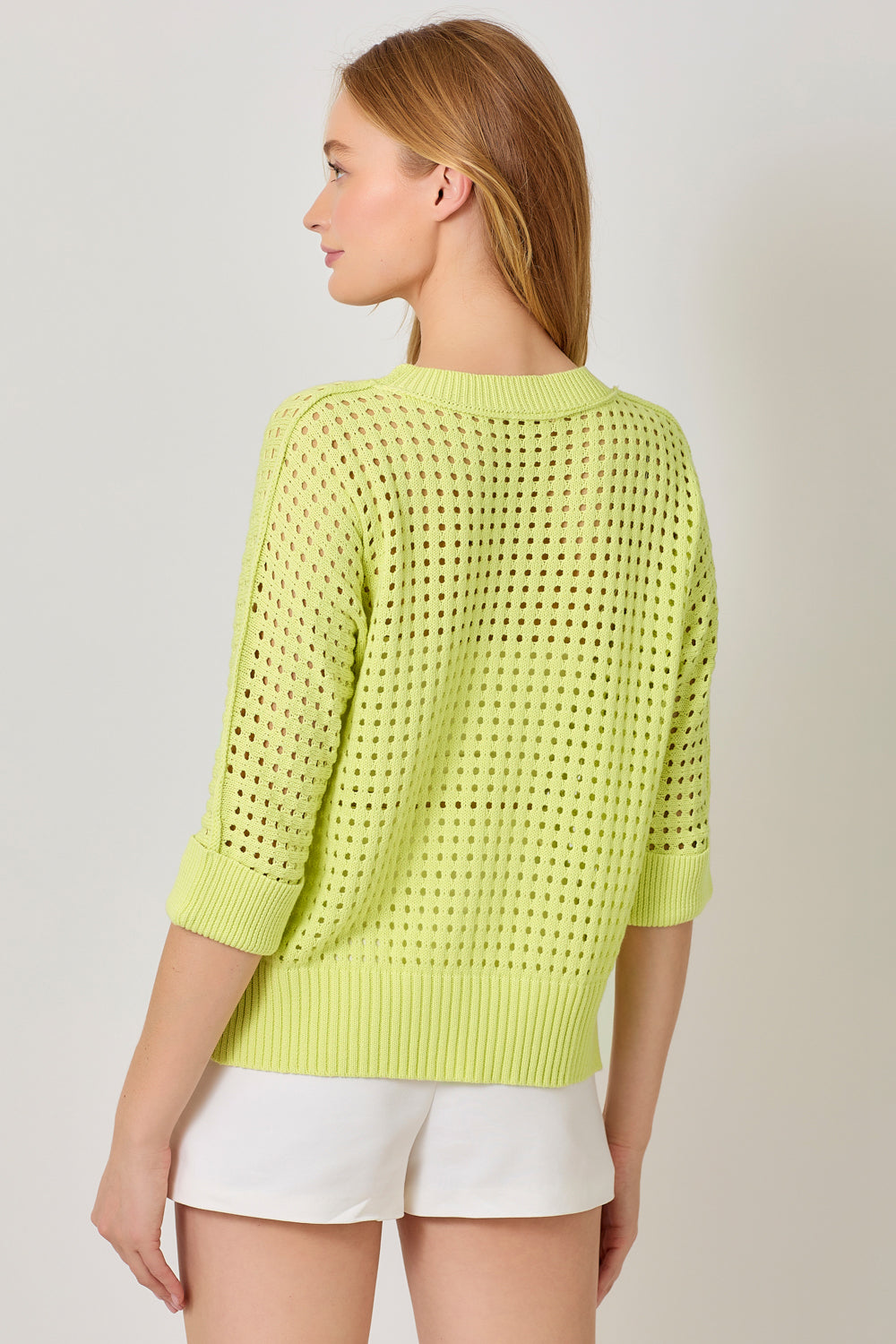 3/4 Sleeve Open Stitch Hi Low Sweater Lime