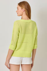 3/4 Sleeve Open Stitch Hi Low Sweater Lime