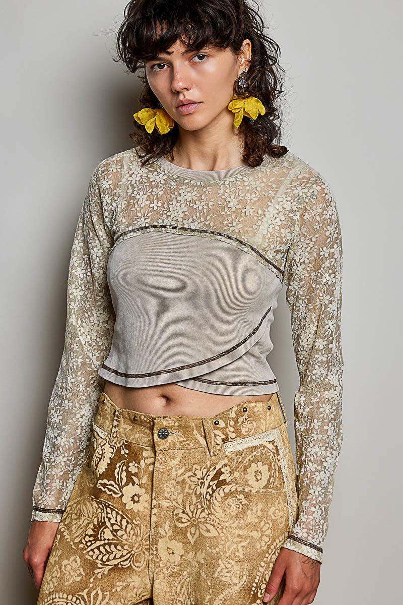 Vintage Wash Crossover Lace Sleeve Cropped Top Beige