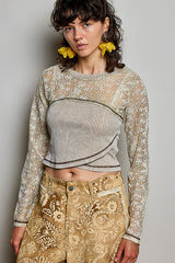 Vintage Wash Crossover Lace Sleeve Cropped Top Beige