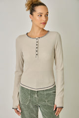 Blanket Stitch Accented Henley Top Oatmeal