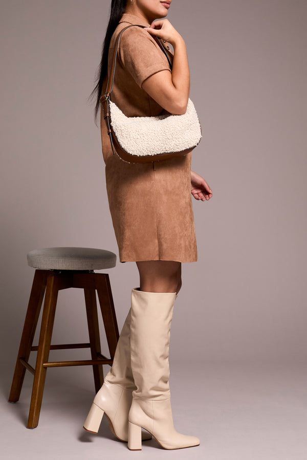 Grommet Detail Collared Suede Dress Almond Latte