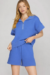 French Terry Ribbed Band Half Zip Top Periwinkle
