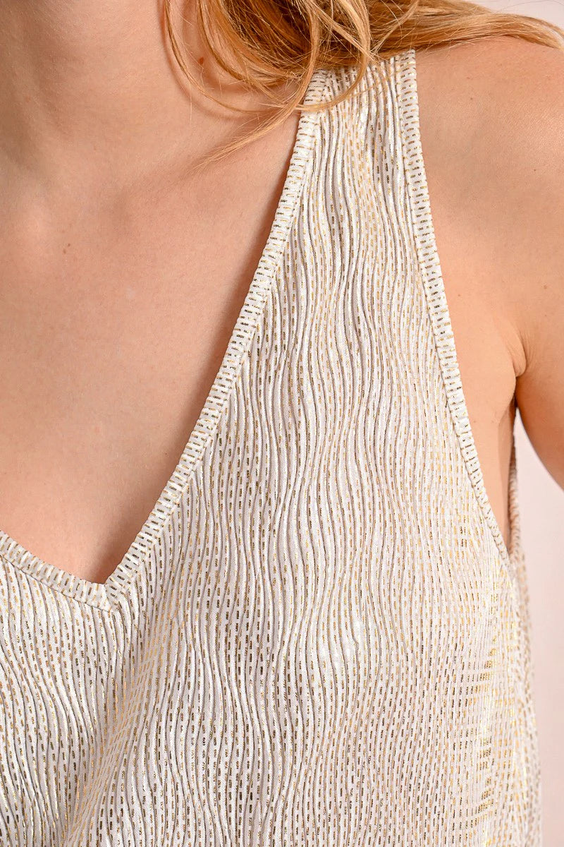 Metallic Details Vneck Knit Tank Off White
