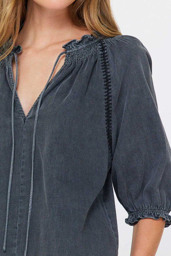 Washed Denim Ruffled Split Tied Neck Smock Cuff Top Black