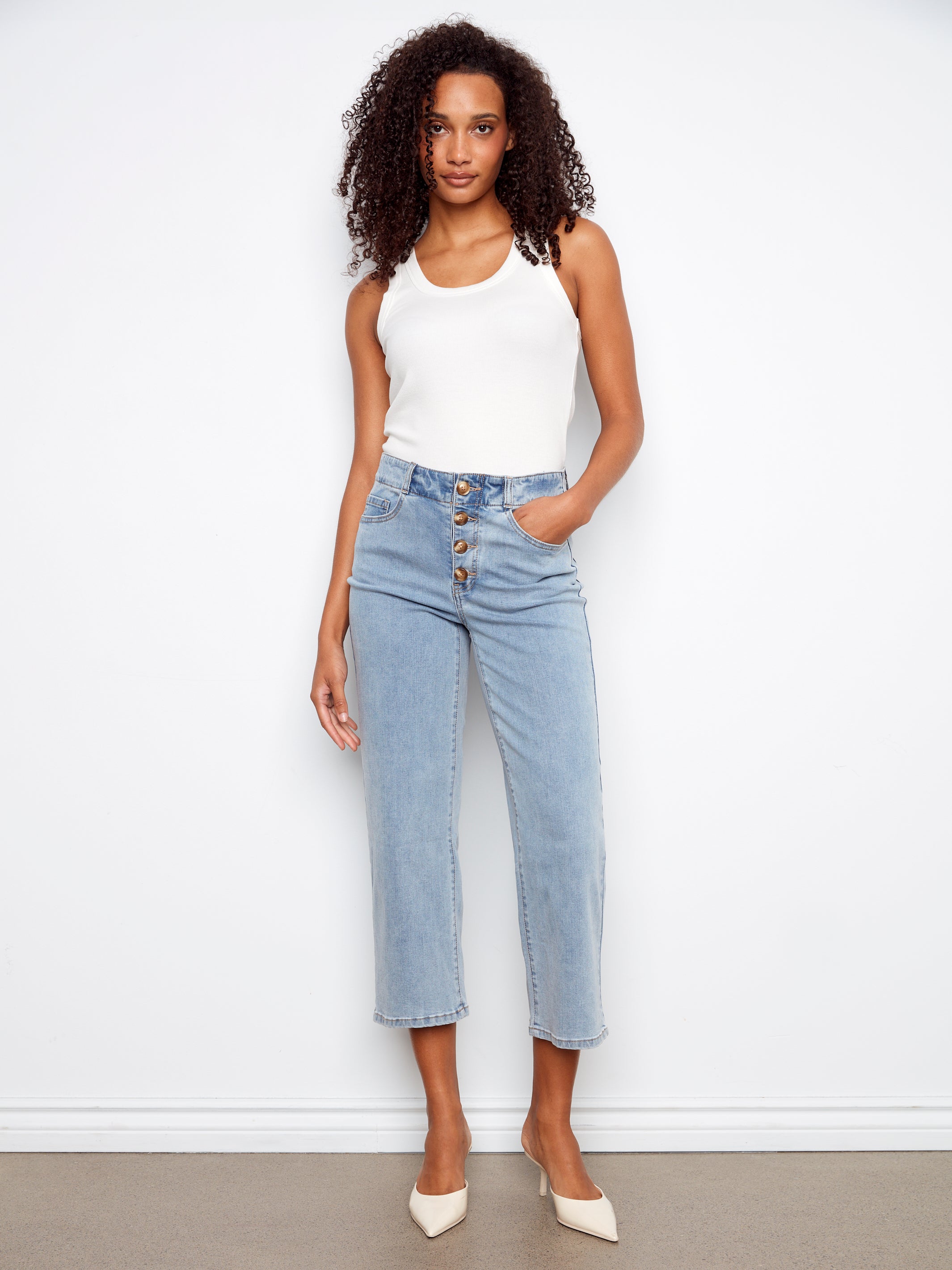 Flex Front Button Fly Straight Crop Pants Light Blue