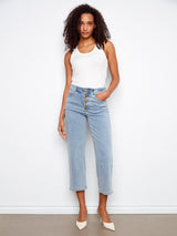Flex Front Button Fly Straight Crop Pants Light Blue
