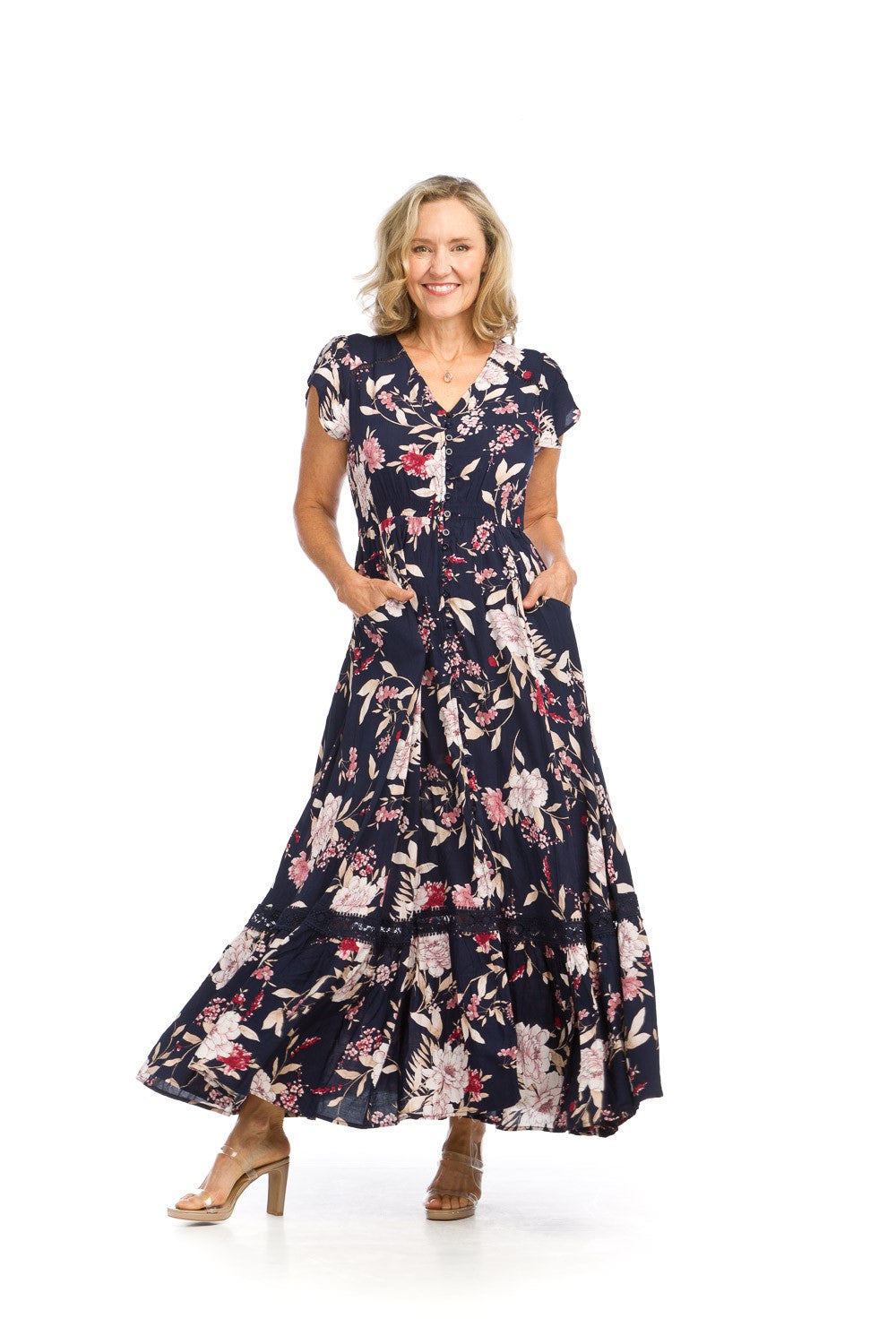 Floral Flutter Button Crochet Detail Maxi Dress Navy