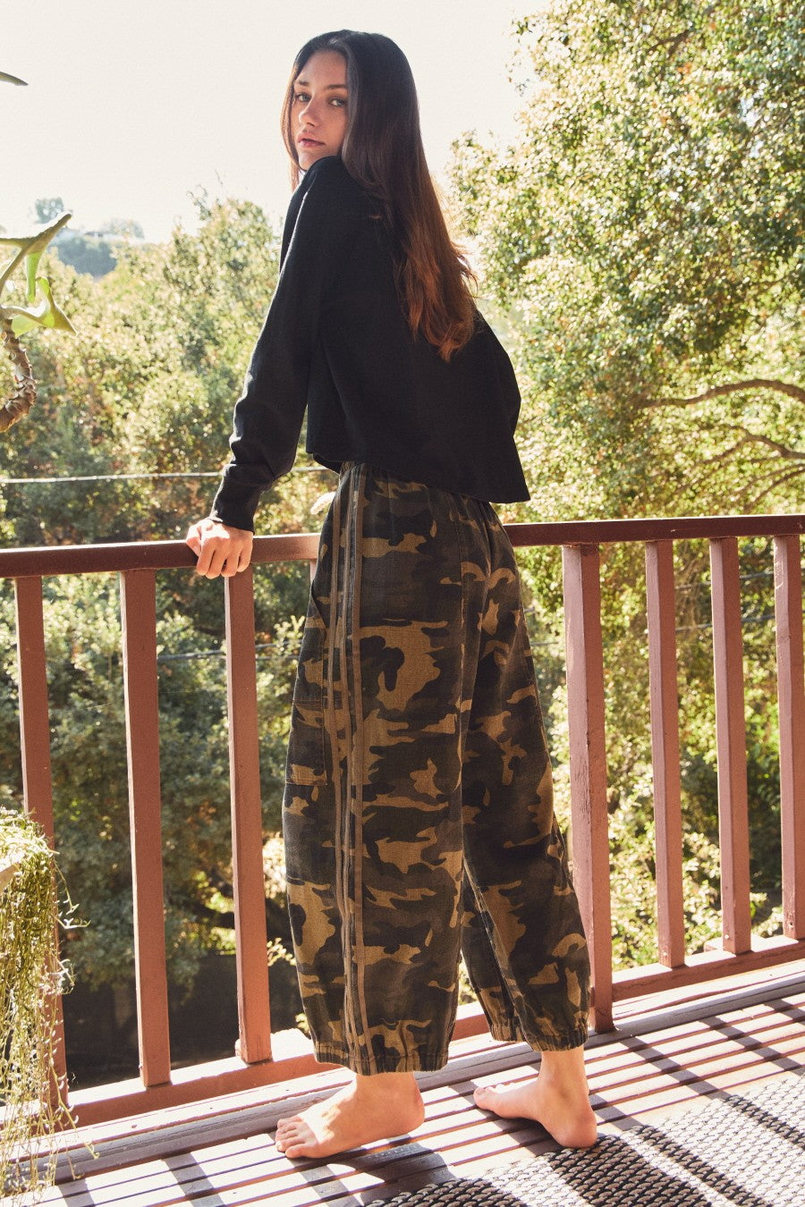 Camo Print Drawstring Pants Washed Camo