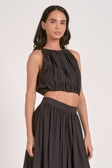 Keyhole Open Back Pleated Crop Tank Black