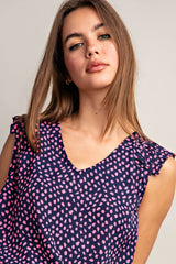 Speckle Print Sleeveless Pleat Shoulder Top Hot Pink