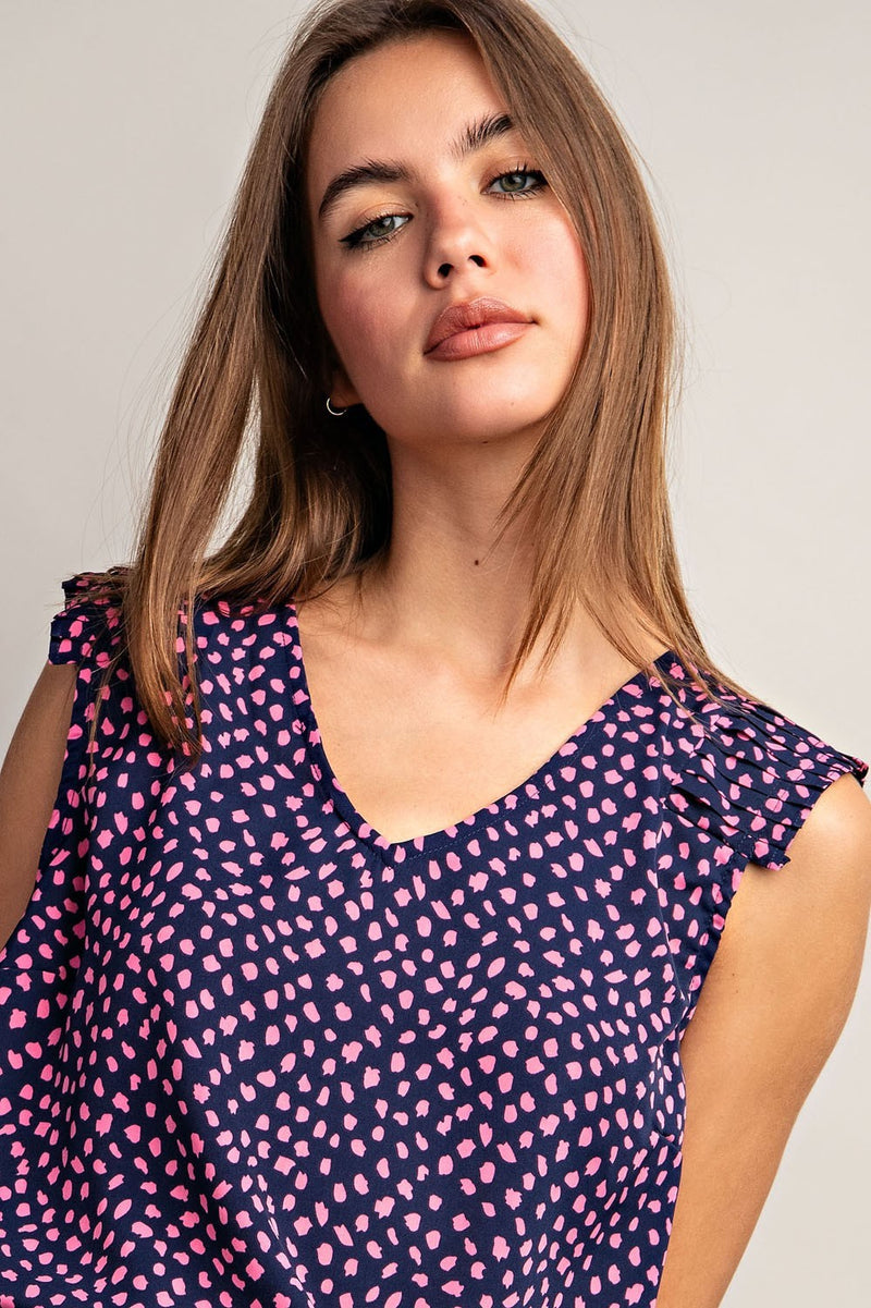 Speckle Print Sleeveless Pleat Shoulder Top