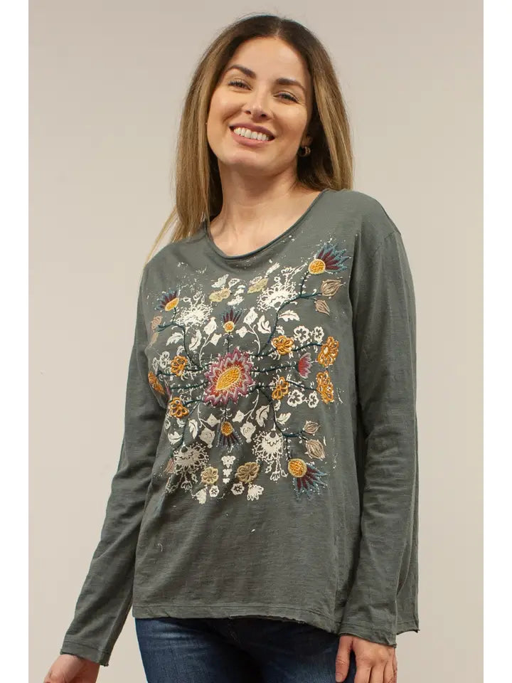 Jovanna Crew Neck Long Sleeve Floral Emb. Top Dark Grey