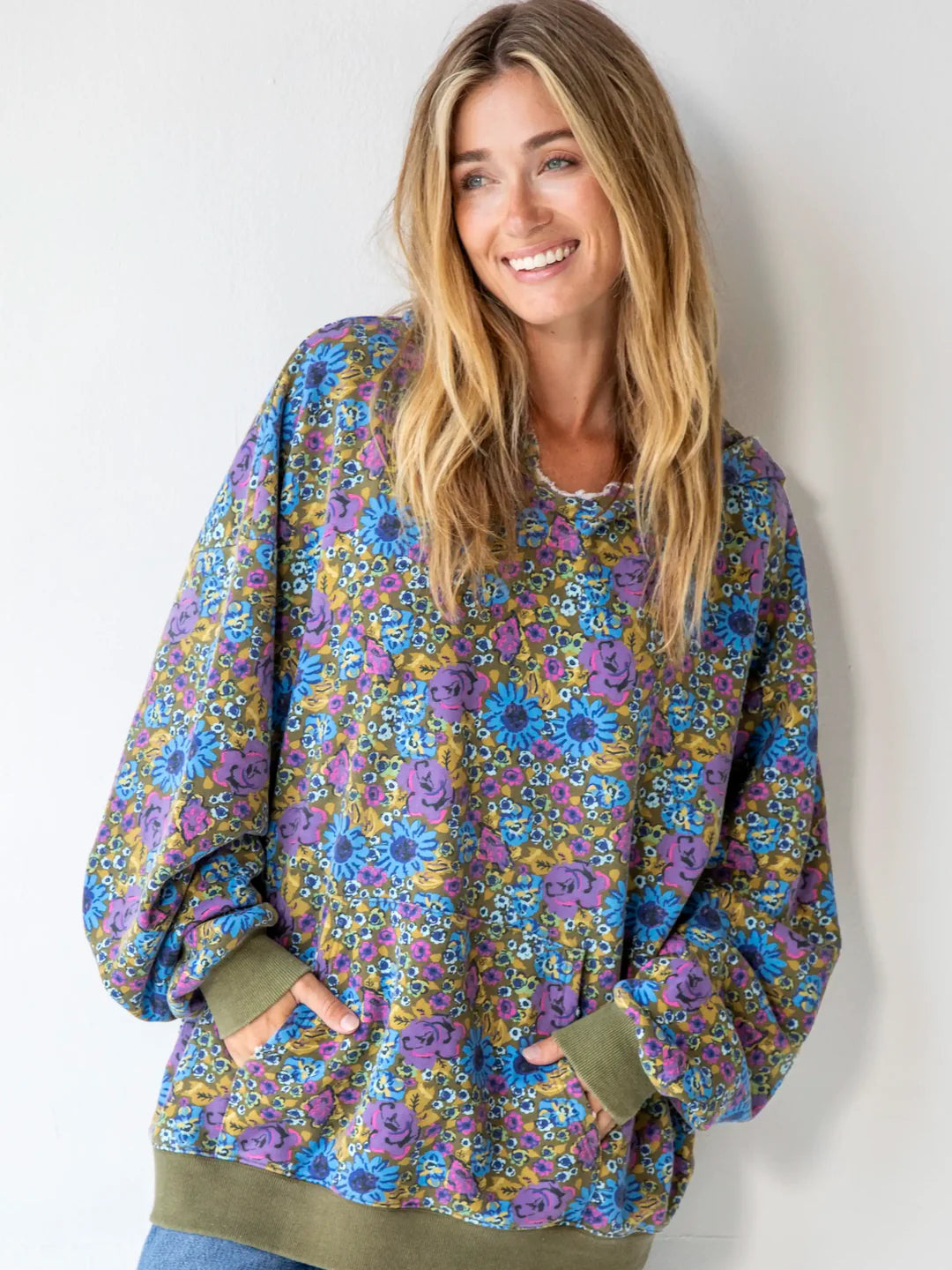 Oversized Printed Hoodie Blue Purple Daisy