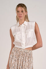 Cap Sleeve Cinched Crop Button Down White