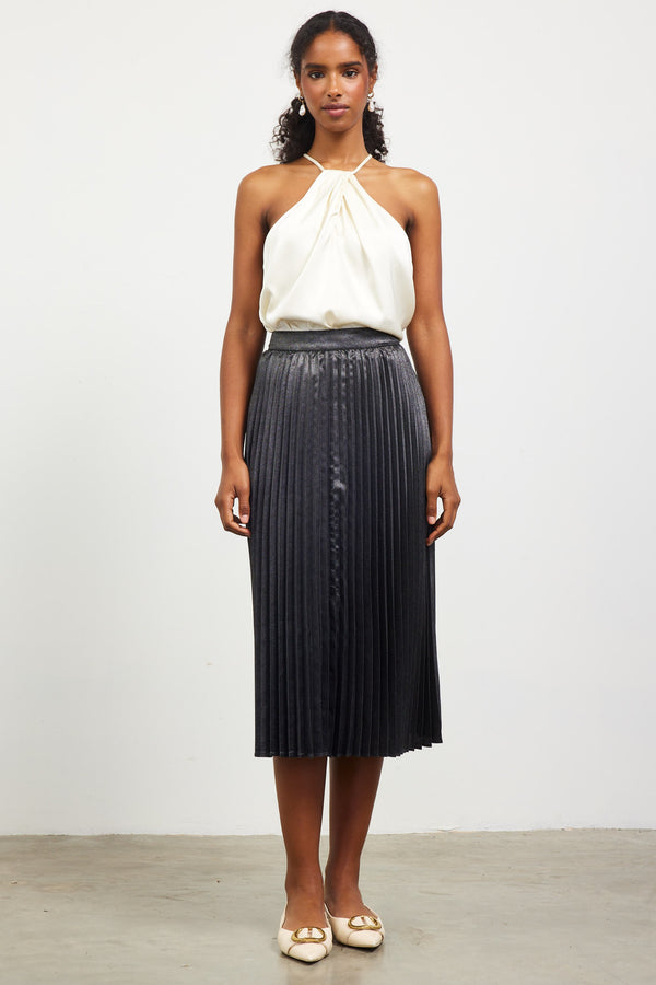 Metallic Pleats Midi Skirt Black