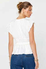 Solid Pleated Peplum Vneck Blouse White