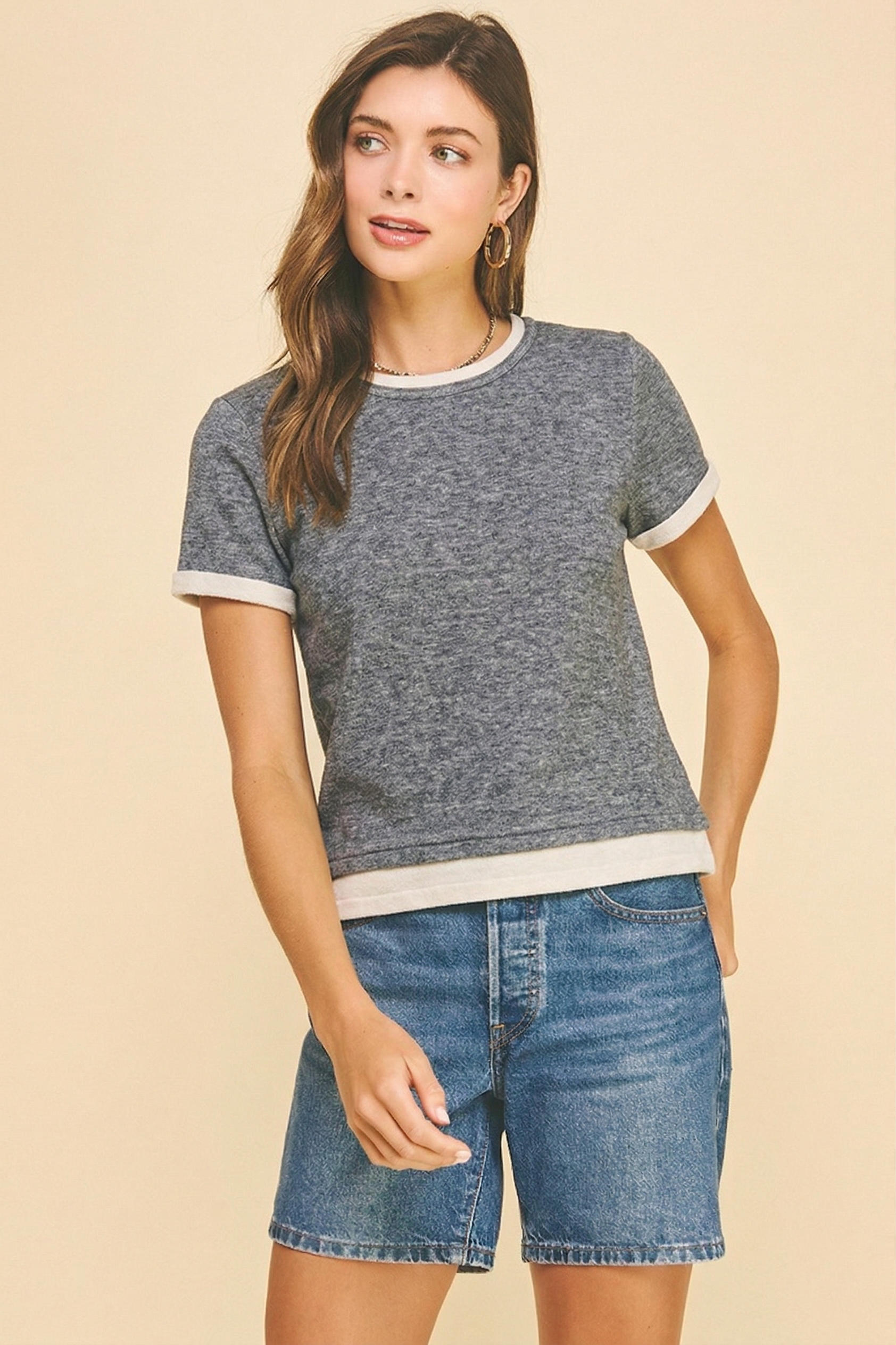 Double Layered Knit Short Sleeve Top Warm Grey