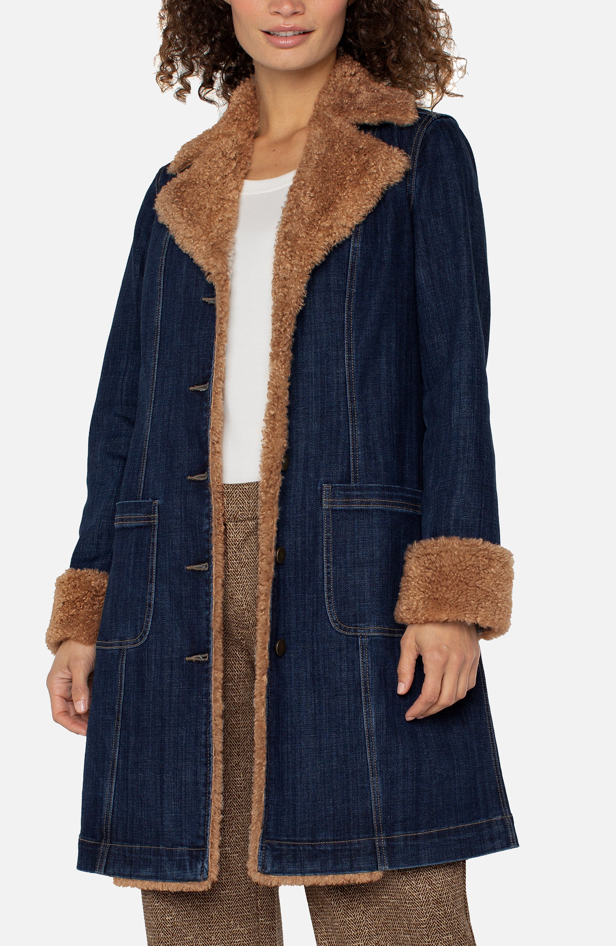 Sherpa Trimmed Notch Collar Long Denim Jacket Cinder Bloom