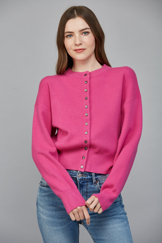 Round Neckline Button Cardigan Magenta