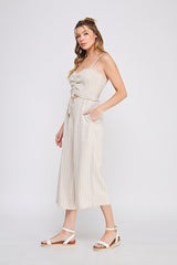 Smocked Sweetheart Linen Crop Leg Jumpsuit Natural Stripe