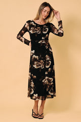 Cowl Neck Ruched Waist Floral Mesh Midi Dress Black + Brown