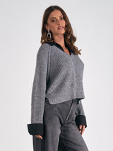 Cropped Sweater Two Fer Collar Top Grey + Black