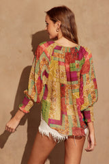 Aura Smocked Neckline Flowy Blouse Olive Multi