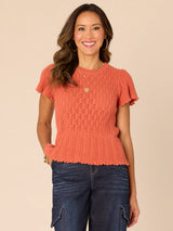 Short Flounce Sleeve Peplum Crochet Sweater Persimmon