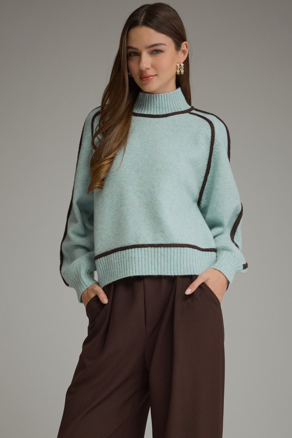 Contrast Trim Mock Neck Sweater Light Blue