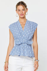 Striped Polka Dot Peplum Bow Blouse Blue White