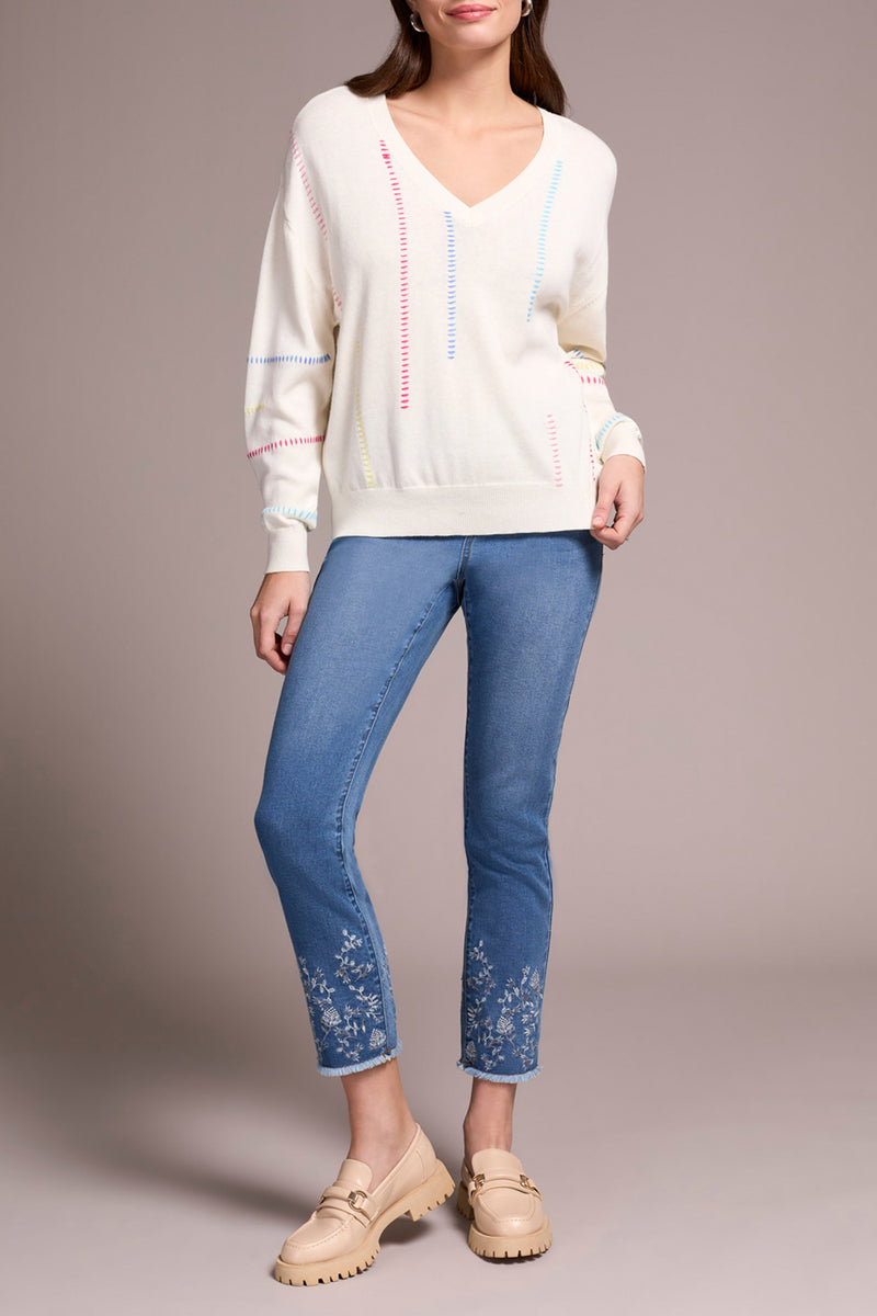 Embroidered Lines Vneck Sweater Eggshell