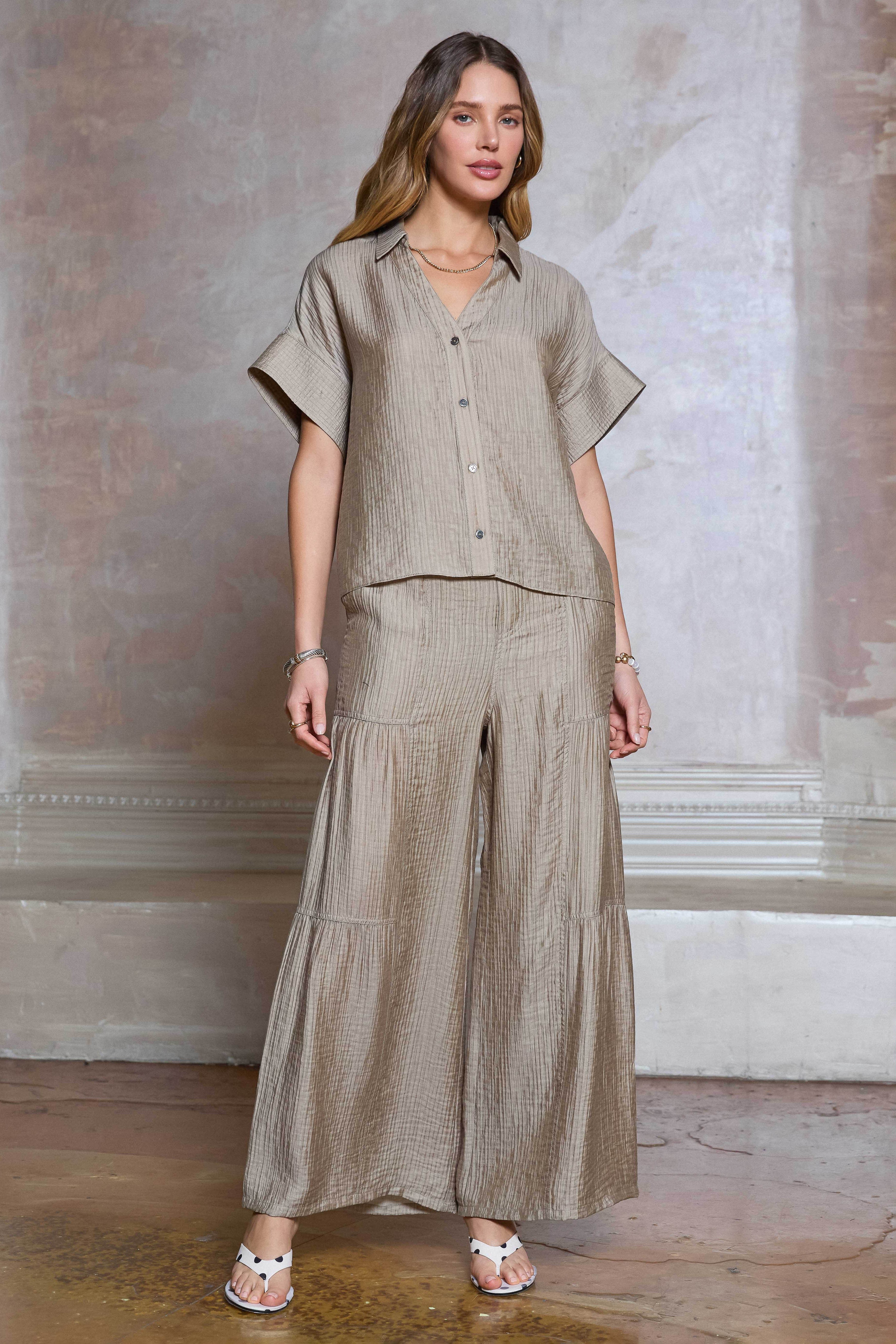 Crinkle Tiered Wide Leg Pants Dusty Sand