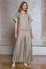 Crinkle Tiered Wide Leg Pants Dusty Sand