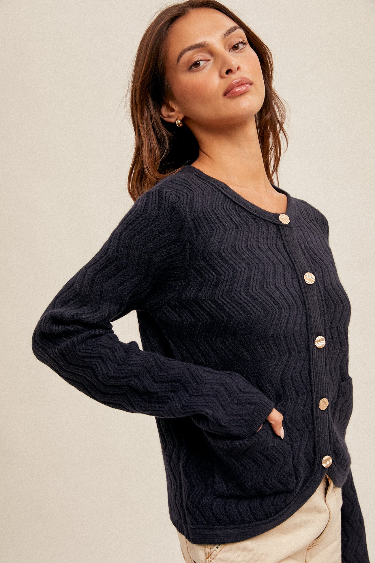 Chevron Pattern Button Down Cardigan Deep Navy