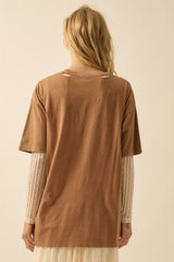 Distressed Mineral Washed Doves and Flowers Graphic Tee Toffee
