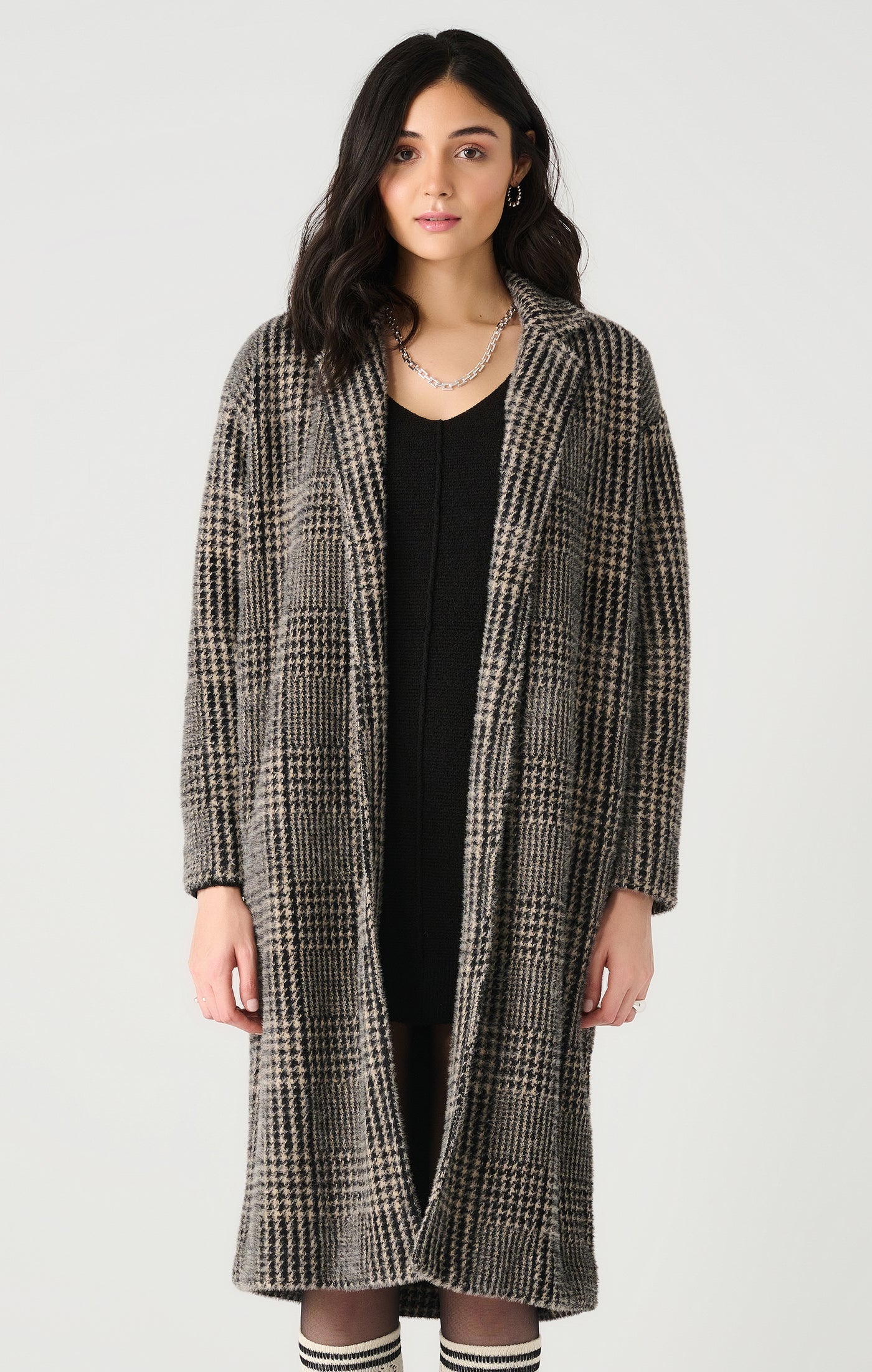 Houndstooth Plaid Long Jacket Plaid