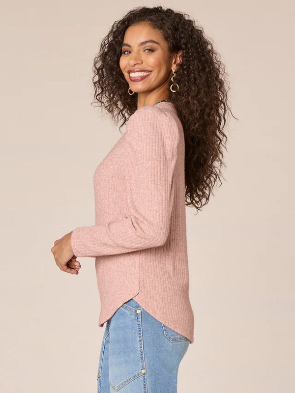 Puff Shoulder Long Sleeve Shirtail Hem Top Heather Mauve Rose