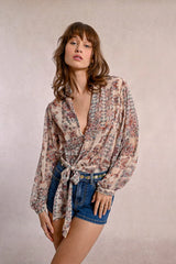 Butterfly Floral Print Tie Waist Long Sleeve Blouse Cream Capucine