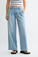 Mid Rise Lightweight Pleated Wide Leg Jeans Light Denim