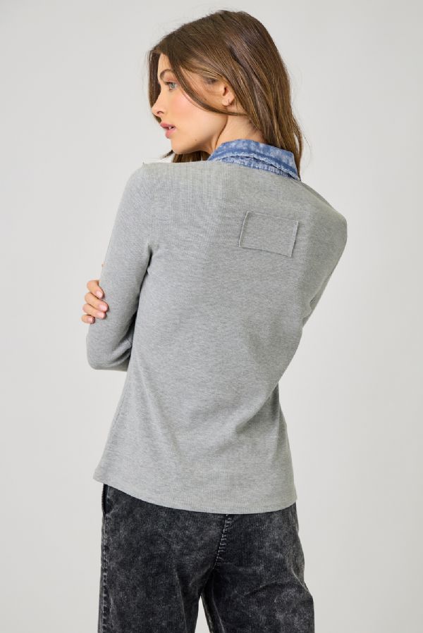 Washed Rib Thermal Denim Collar Button Down Shirt Melange Grey