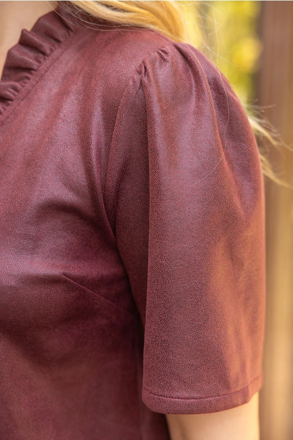 Ruffle Vneck Suede Shirt Dress